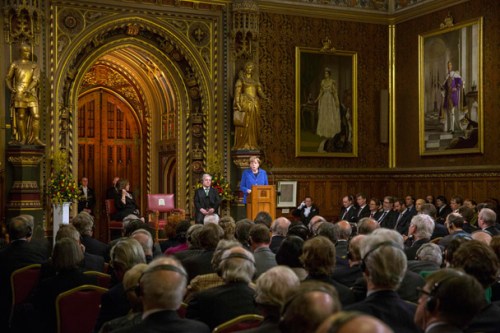 German Chancellor Angela Merkel address members of both Houses of Parliament in the Royal Gallery of the Palace of Westminster in London