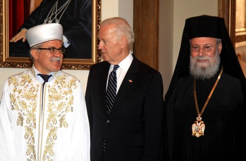 U.S. Vice President Joe Biden stands with interfaith leaders at the island's Greek Orthodox Archbishopric in Nicosia