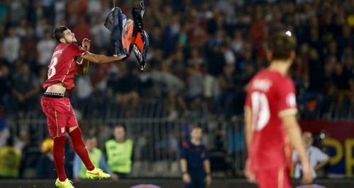 Mitrovic of Serbia grabs a flag depicting so-called Greater Albania that was flown over the pitch during their Euro 2016 Group I qualifying soccer match against Albania at the FK Partizan stadium in Belgrade